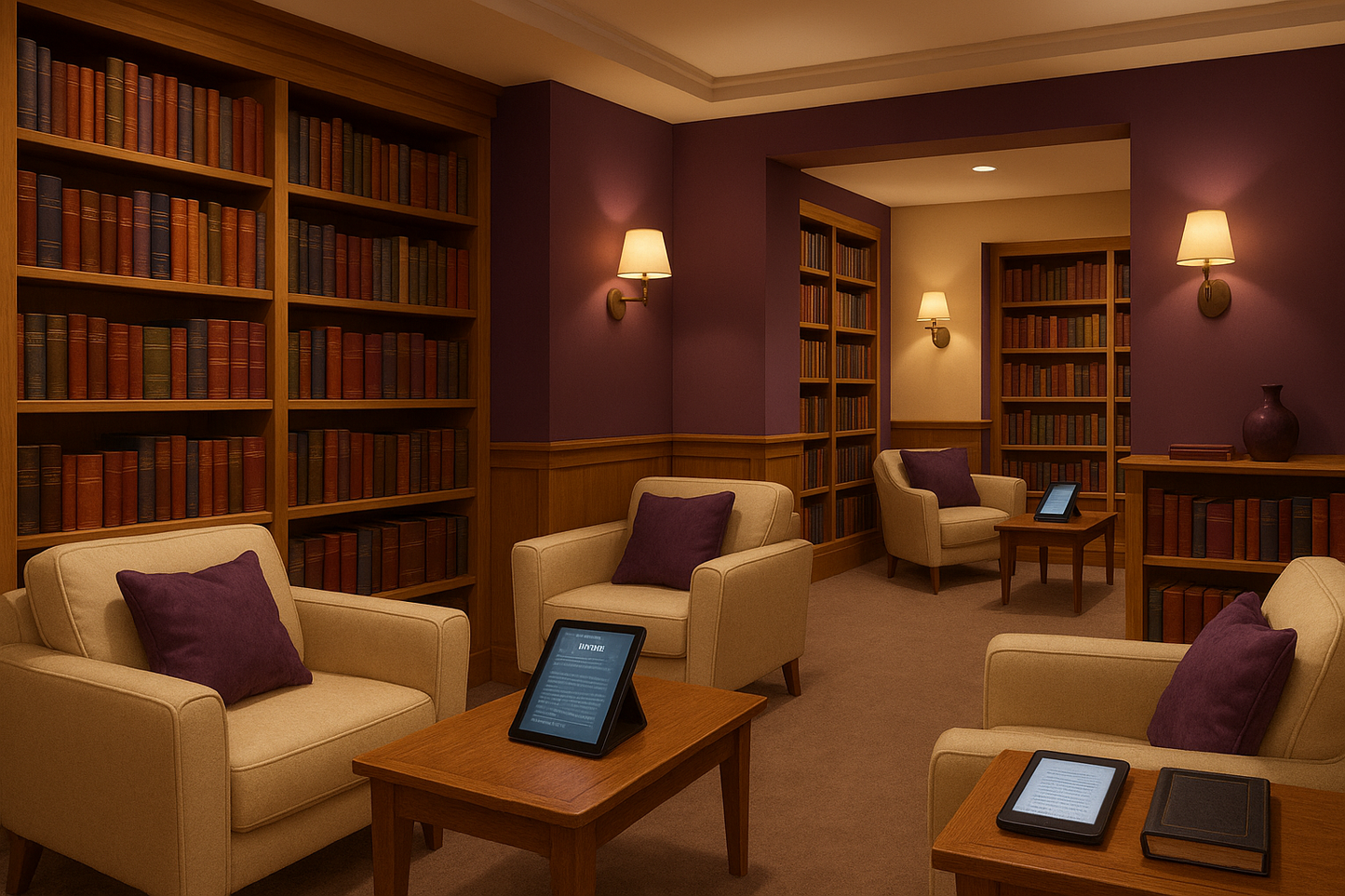 Create a bookstore with hard copy of books and journals also add digital copies of books and journals with purple and cream background
