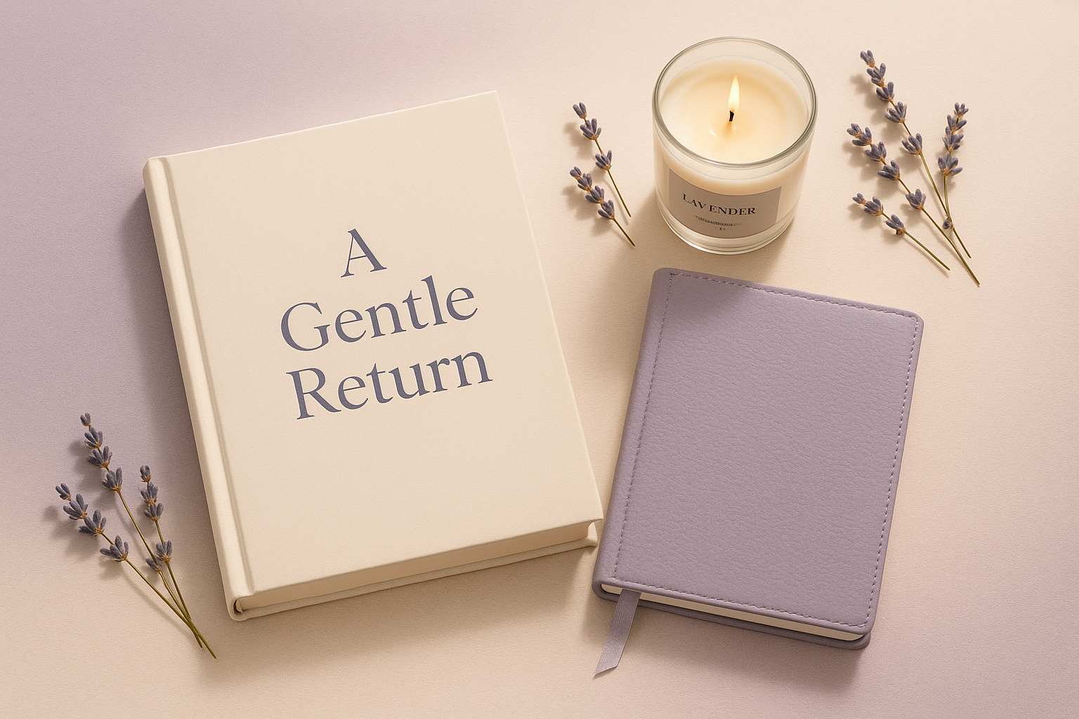create an image of collection of A Gentle Return Book, Journal and  Lavender Candle use purple and cream background