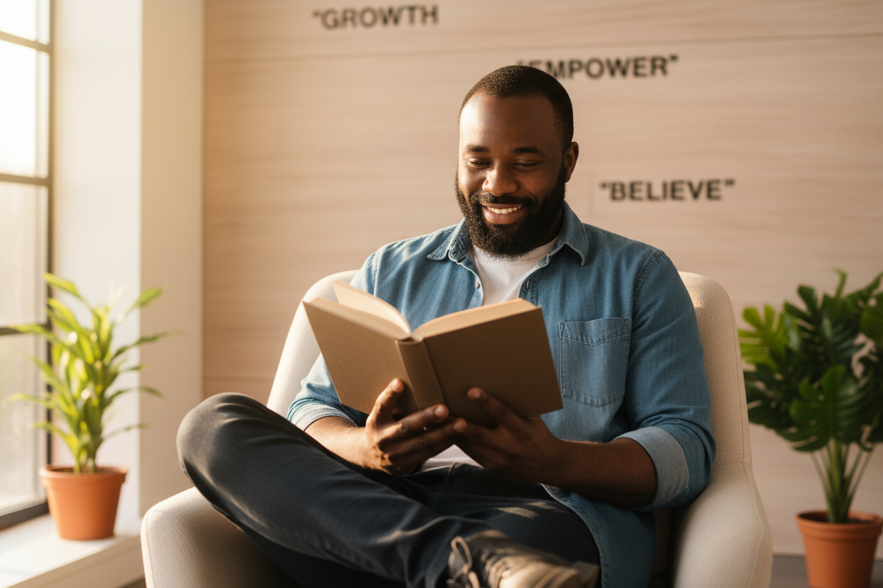 show the man being empowered and encouraging reading a book